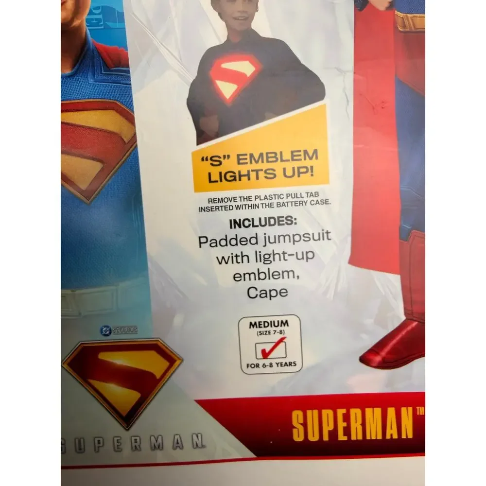 Rubies DC Superman Costume Kids Medium 7-8 Muscle Chest Light Up Emblem NWT